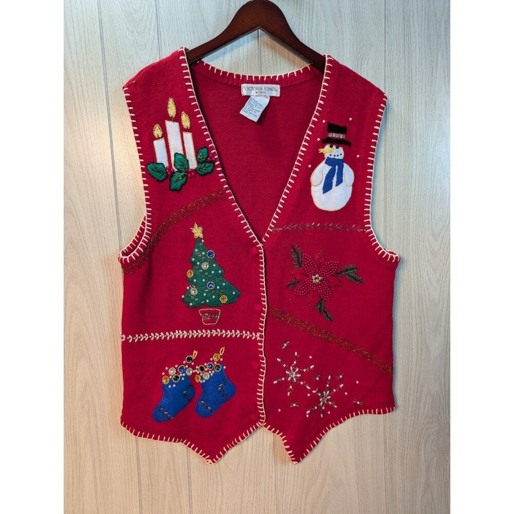 Vintage Christmas Sweater Vest Womens XL Red Cardigan Beaded Snowman Tree